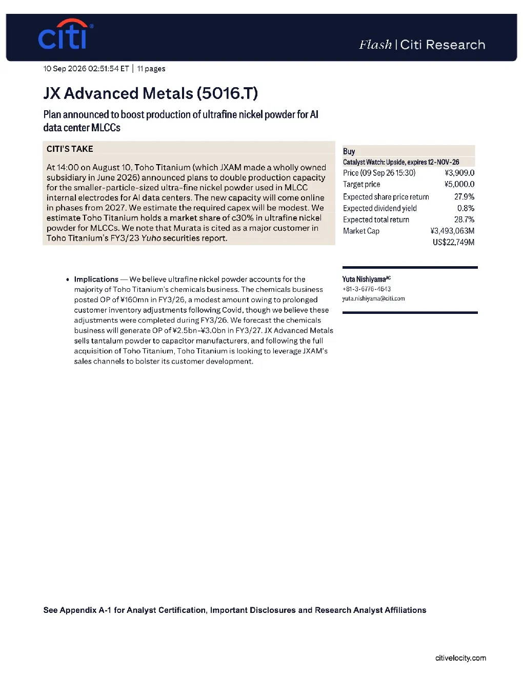 JXAdvanced Metals(5016.T)宣布扩大AI数据中心MLCC用超细镍粉产能