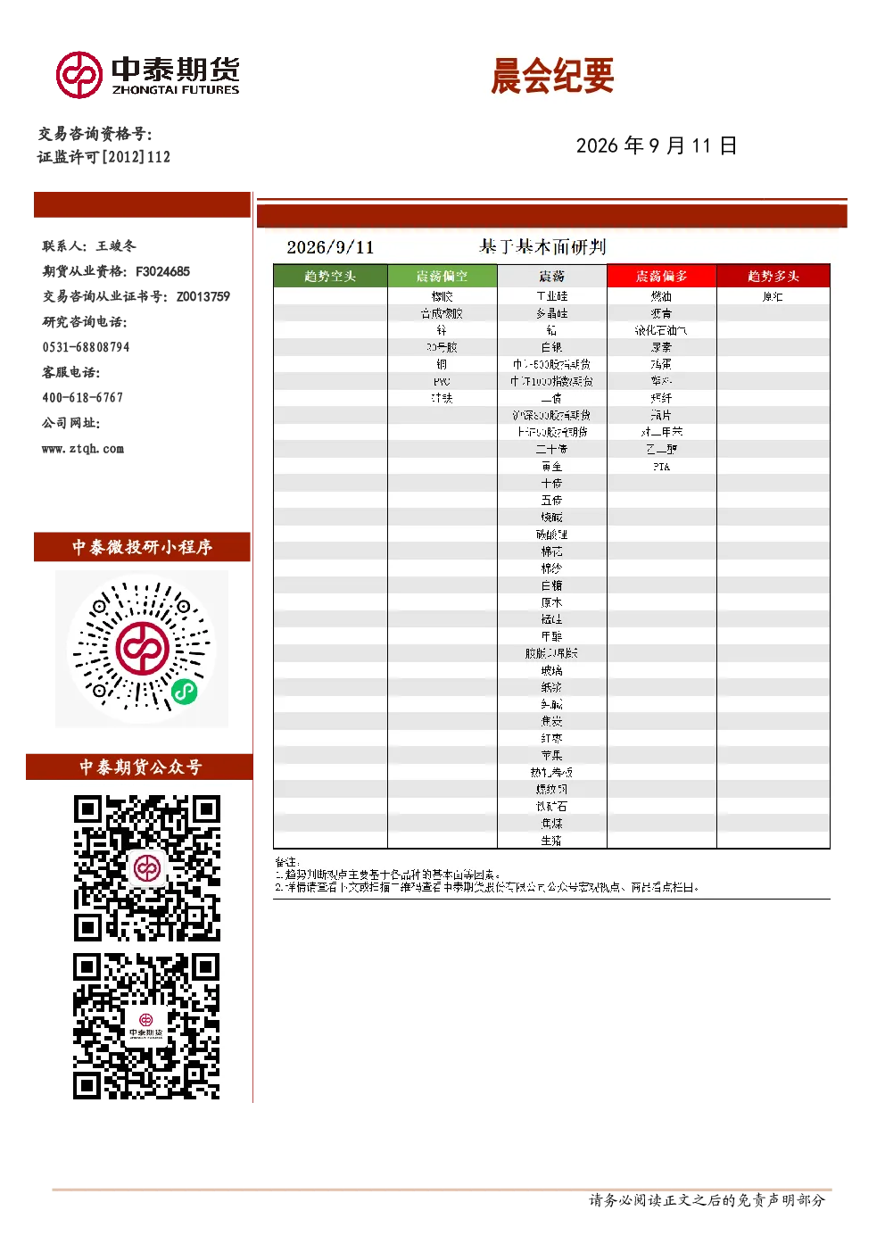 2026年9月11日中泰期货晨会纪要