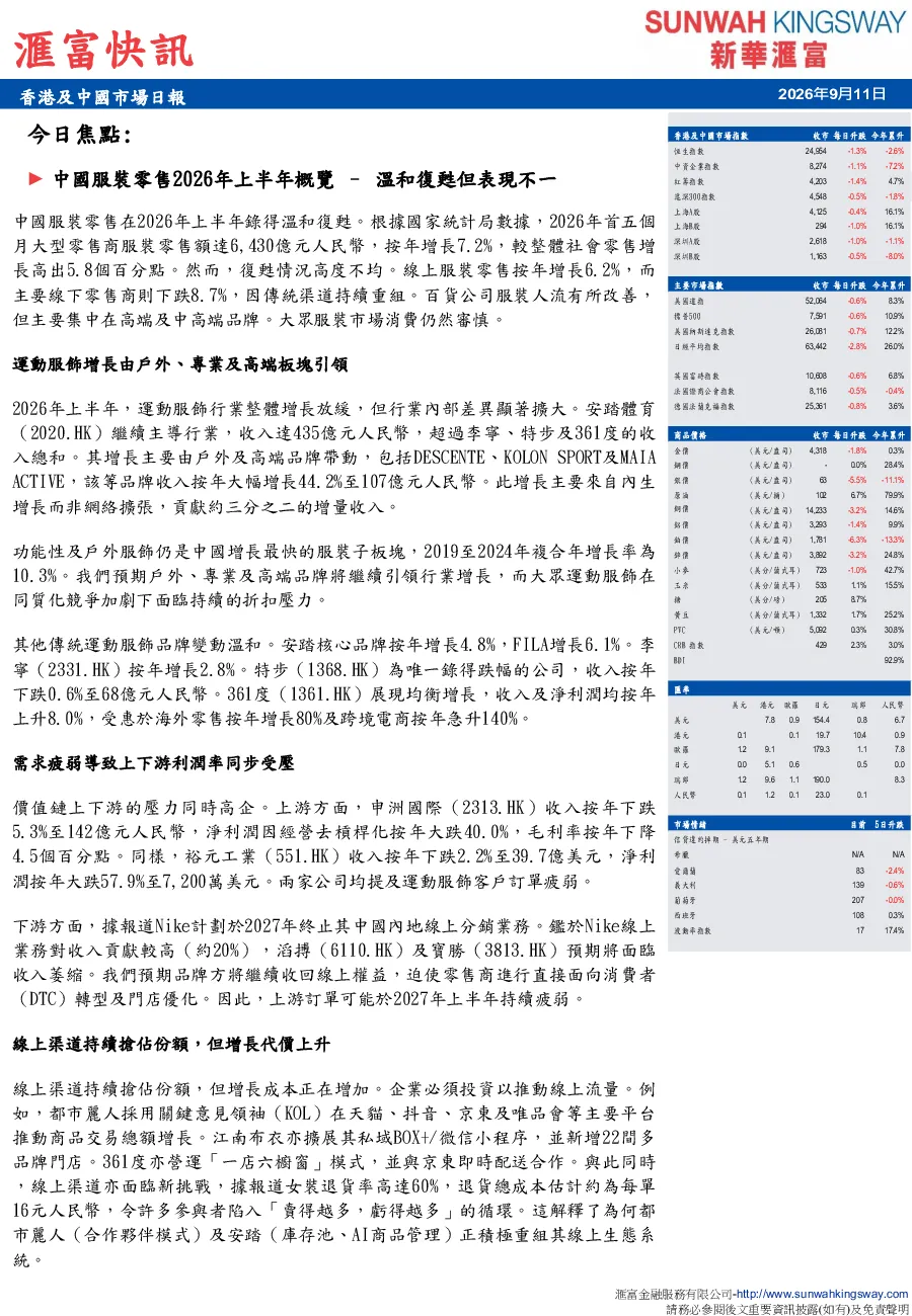 中国服装零售2026年上半年概览：温和复苏但表现不一