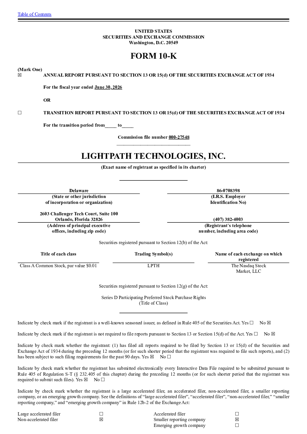 LightPath Technologies Inc-A 2025年度报告