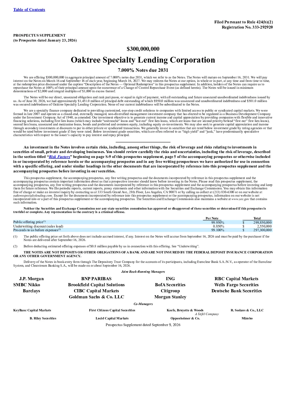 Oaktree Specialty Lending Corp美股招股说明书(2026-09-11版)