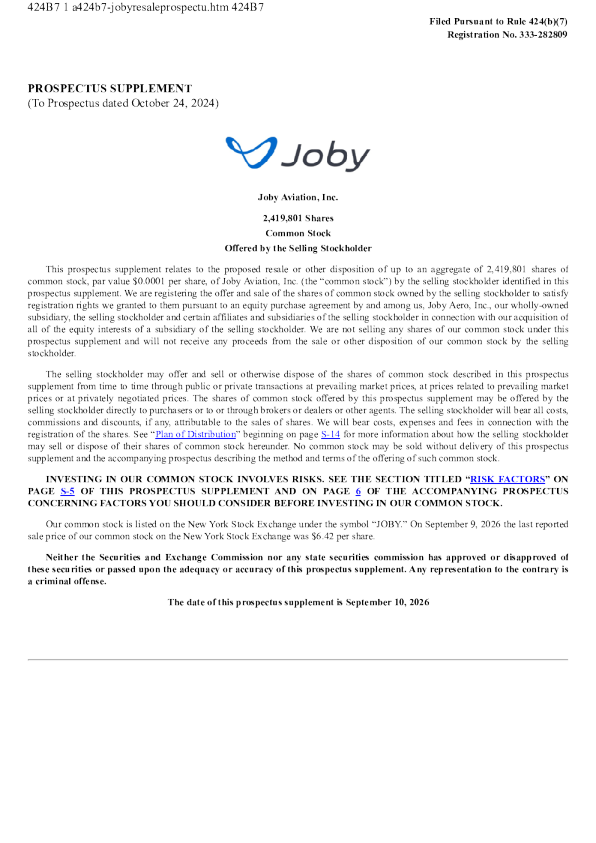 Joby Aviation Inc美股招股说明书(2026-09-11版)