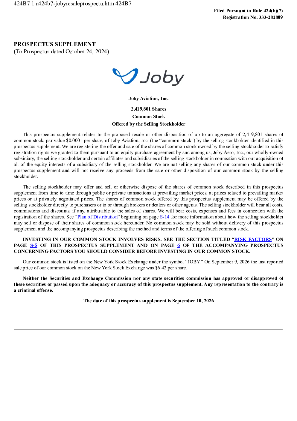 Joby Aviation Inc美股招股说明书(2026-09-11版)