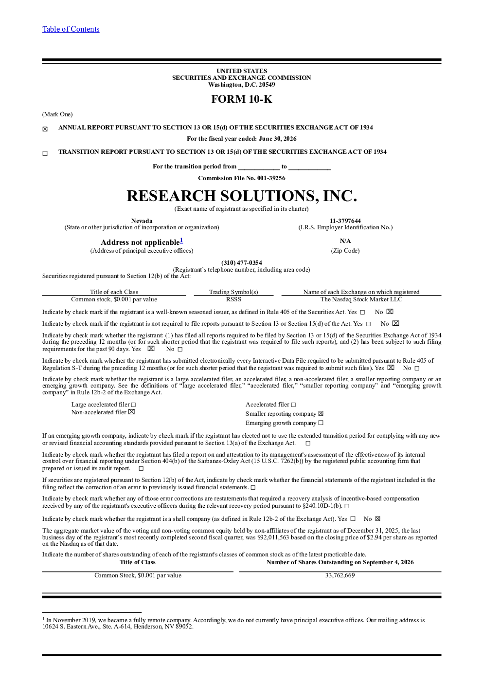 Research Solutions Inc 2025年度报告