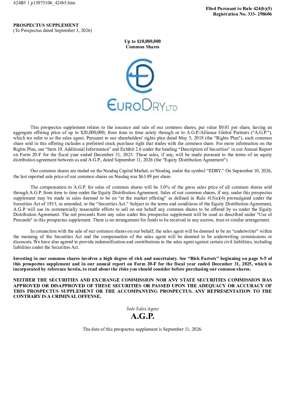 EuroDry Ltd美股招股说明书(2026-09-11版)