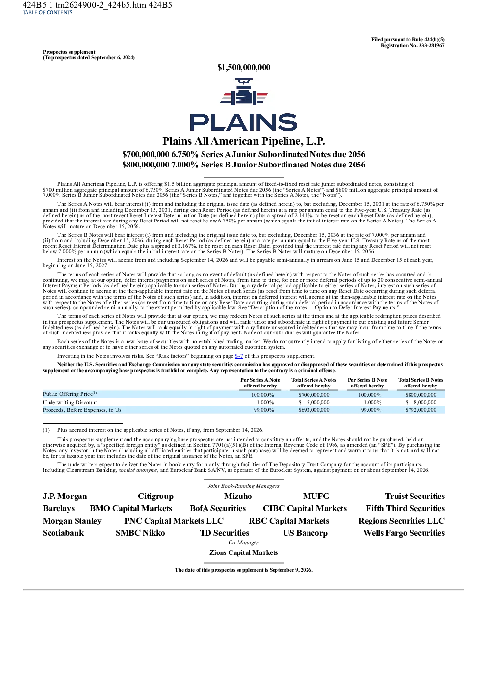 Plains All American Pipeline LP美股招股说明书(2026-09-11版)