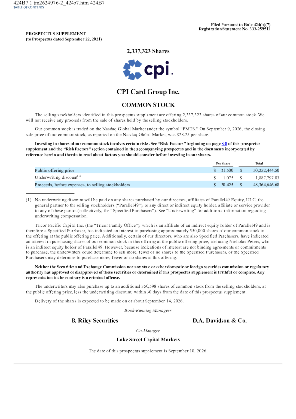 CPI Card Group Inc美股招股说明书(2026-09-11版)