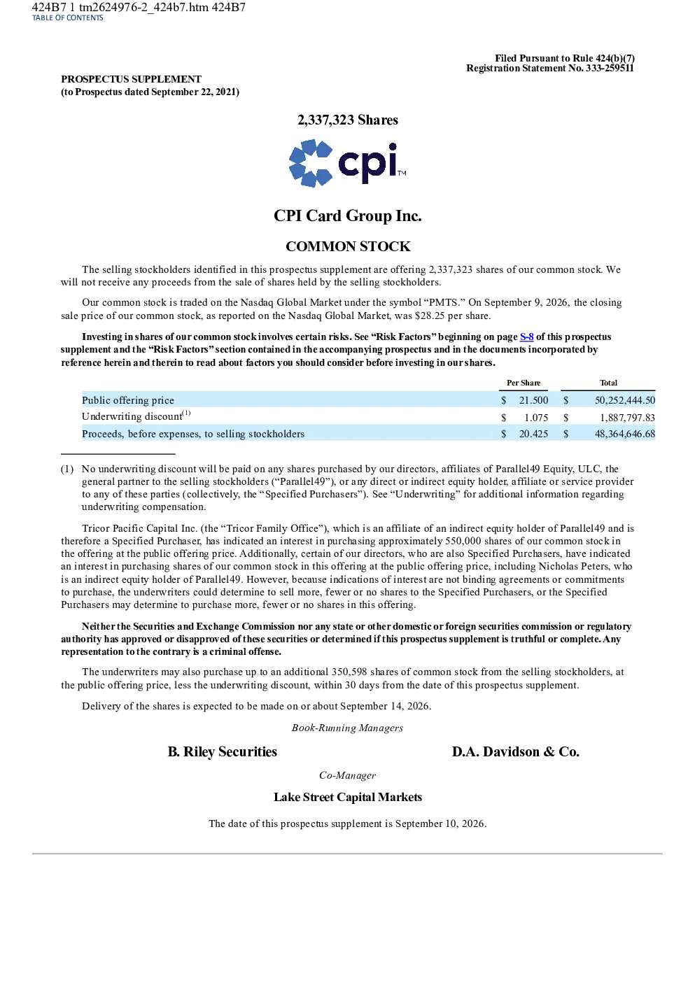 CPI Card Group Inc美股招股说明书(2026-09-11版)