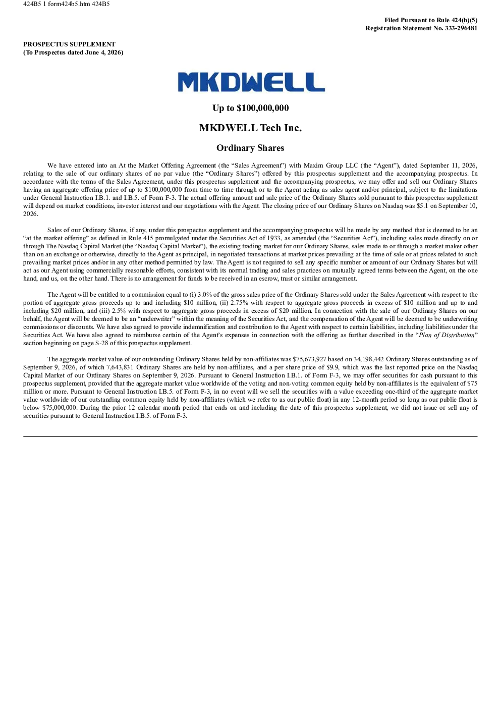 MKDWELL Tech Inc美股招股说明书(2026-09-11版)