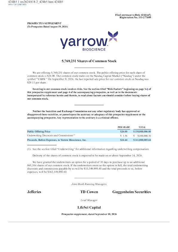 Yarrow Bioscience Inc美股招股说明书(2026-09-11版)