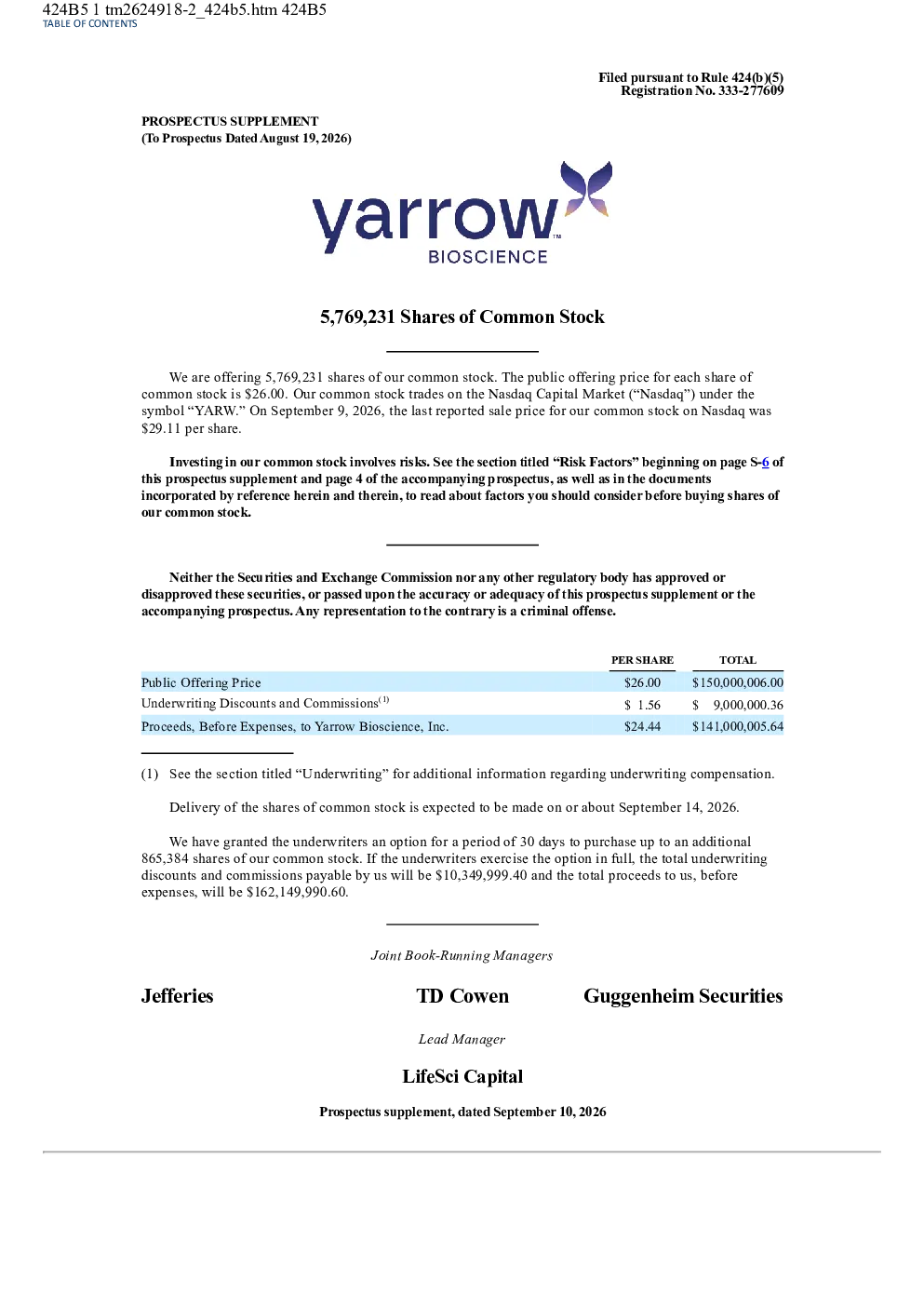 Yarrow Bioscience Inc美股招股说明书(2026-09-11版)