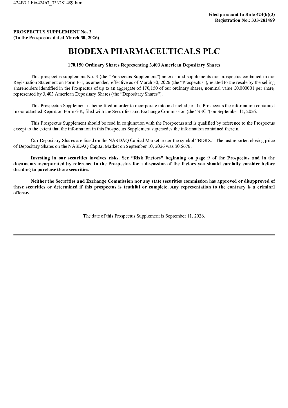 
Biodexa Pharmaceuticals PLC 美股存托凭证招股说明书（2026-09-11版）