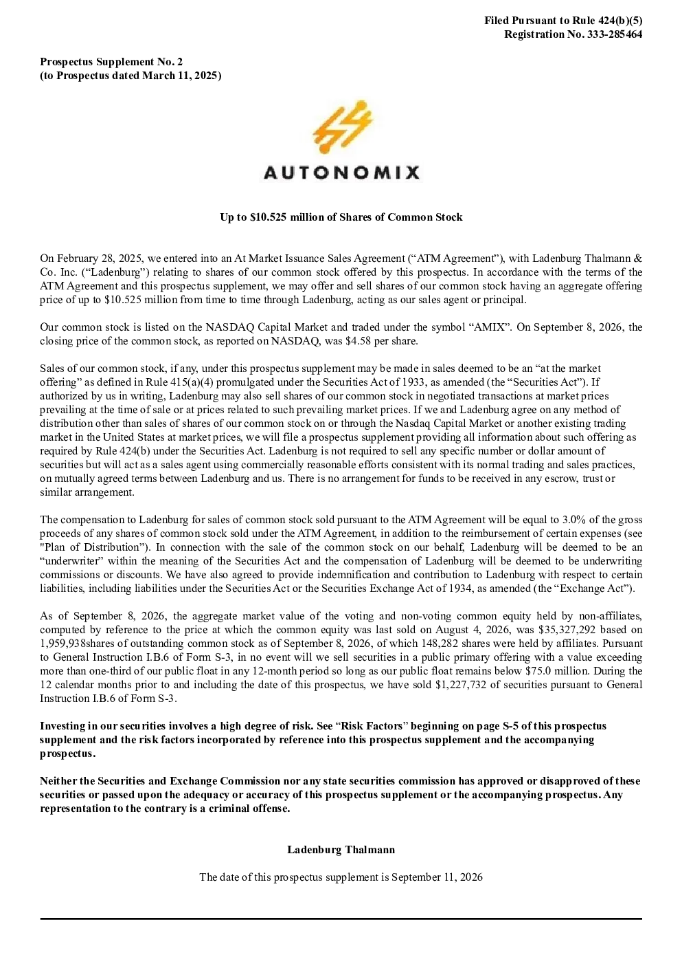 Autonomix Medical Inc美股招股说明书(2026-09-11版)