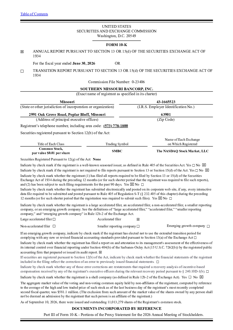 Southern Missouri Bancorp Inc 2025年度报告
