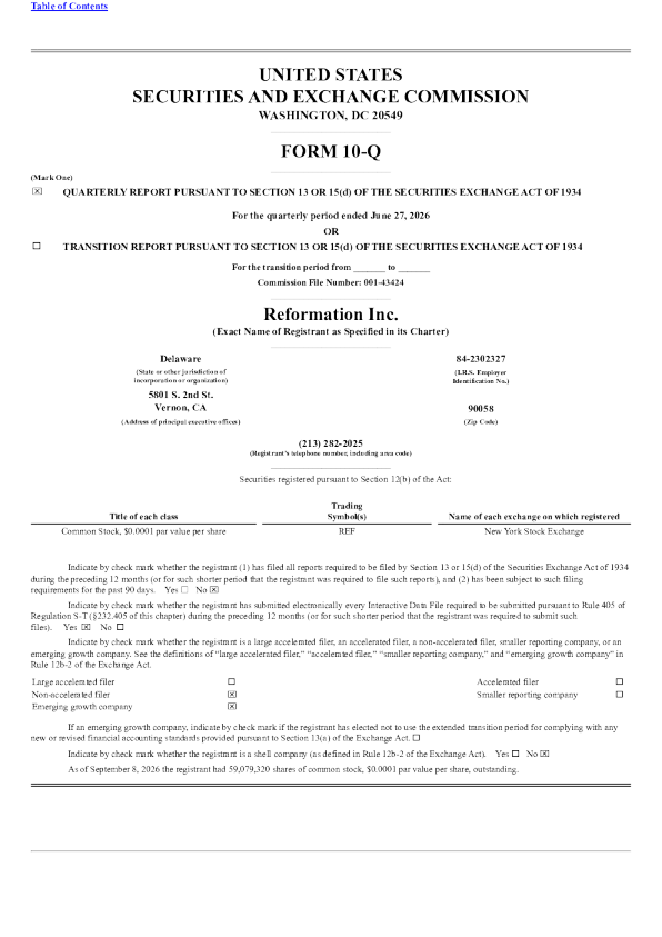 Reformation Inc 2026年季度报告