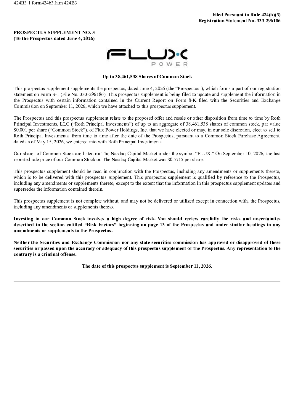 Flux Power Holdings Inc美股招股说明书(2026-09-11版)