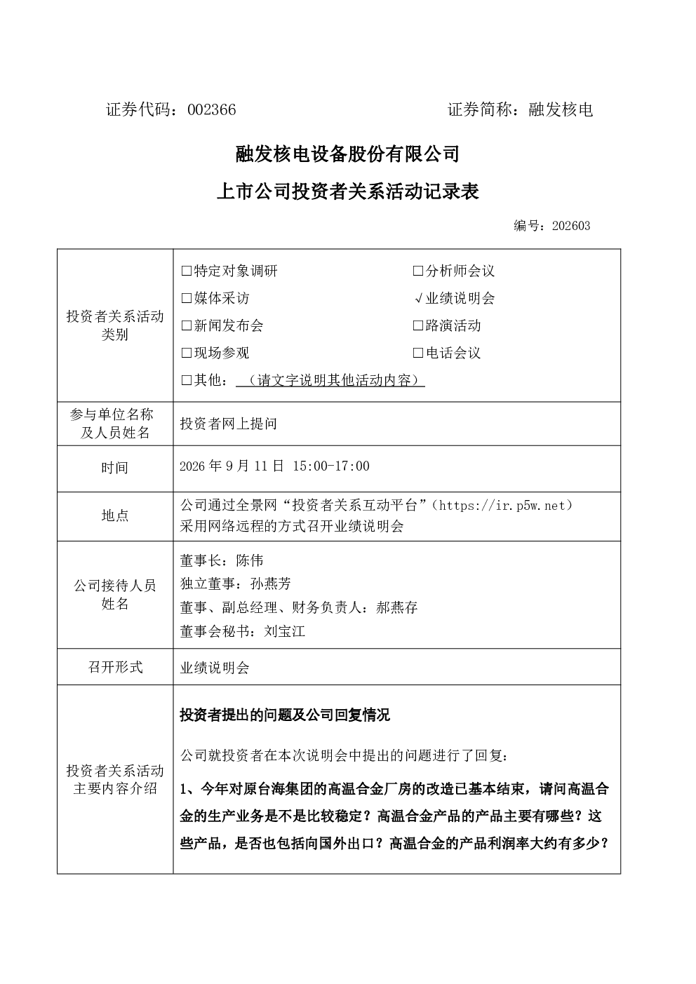 002366 融发核电 002366融发核电投资者关系管理信息20260911