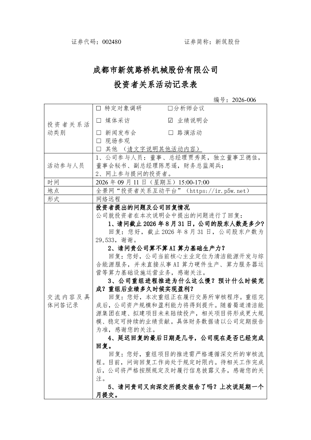 002480 新筑股份 002480新筑股份投资者关系管理信息20260911