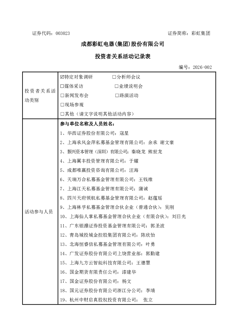 003023 彩虹集团 003023彩虹集团投资者关系管理信息20260911