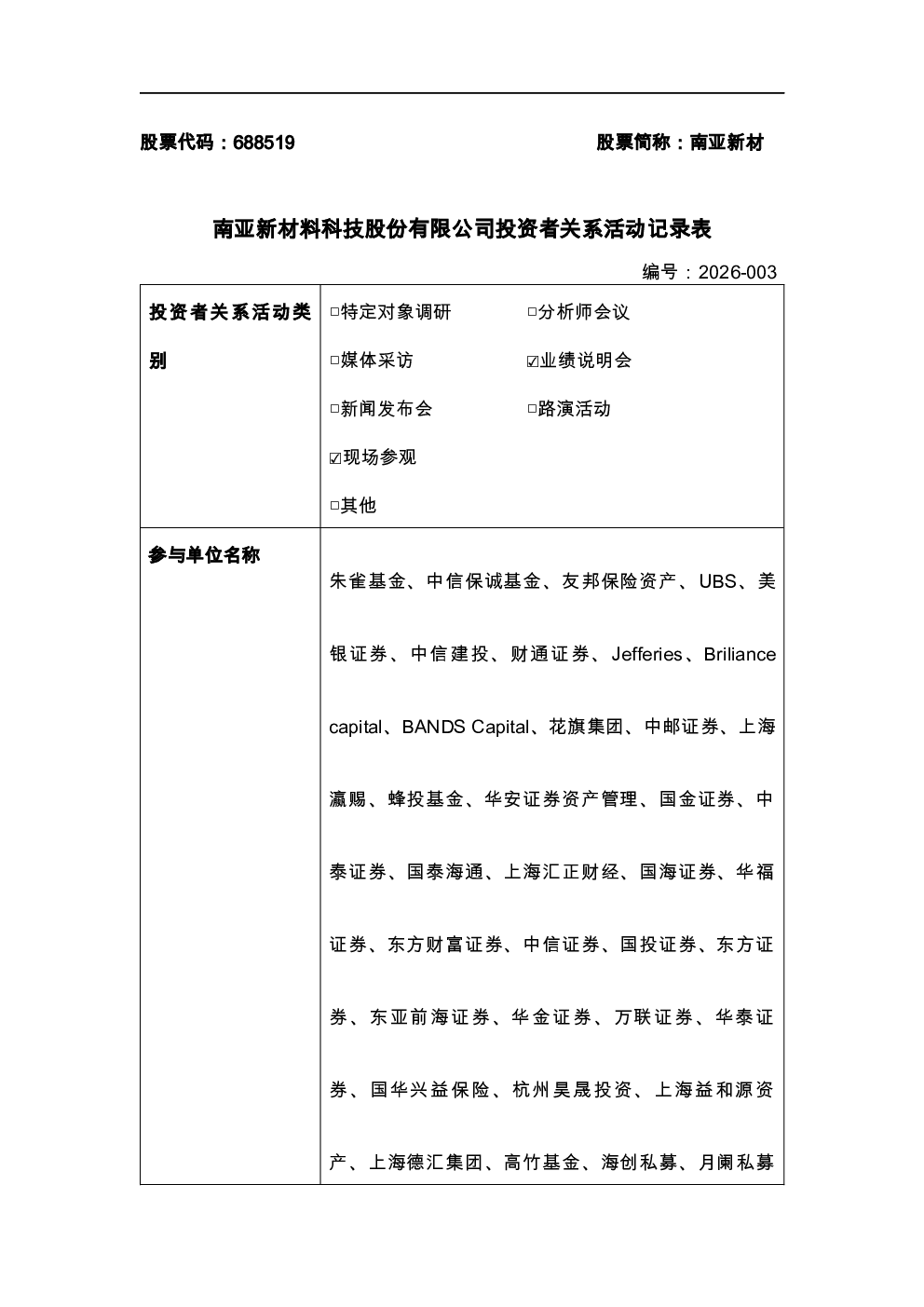 688519 南亚新材 2026-003 投资者关系活动记录表