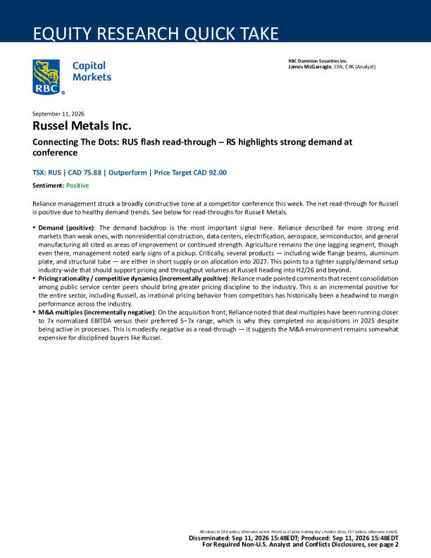 RUS业绩快报映射会议需求强劲——RBC Dominion Securities对Russel Metals的分析