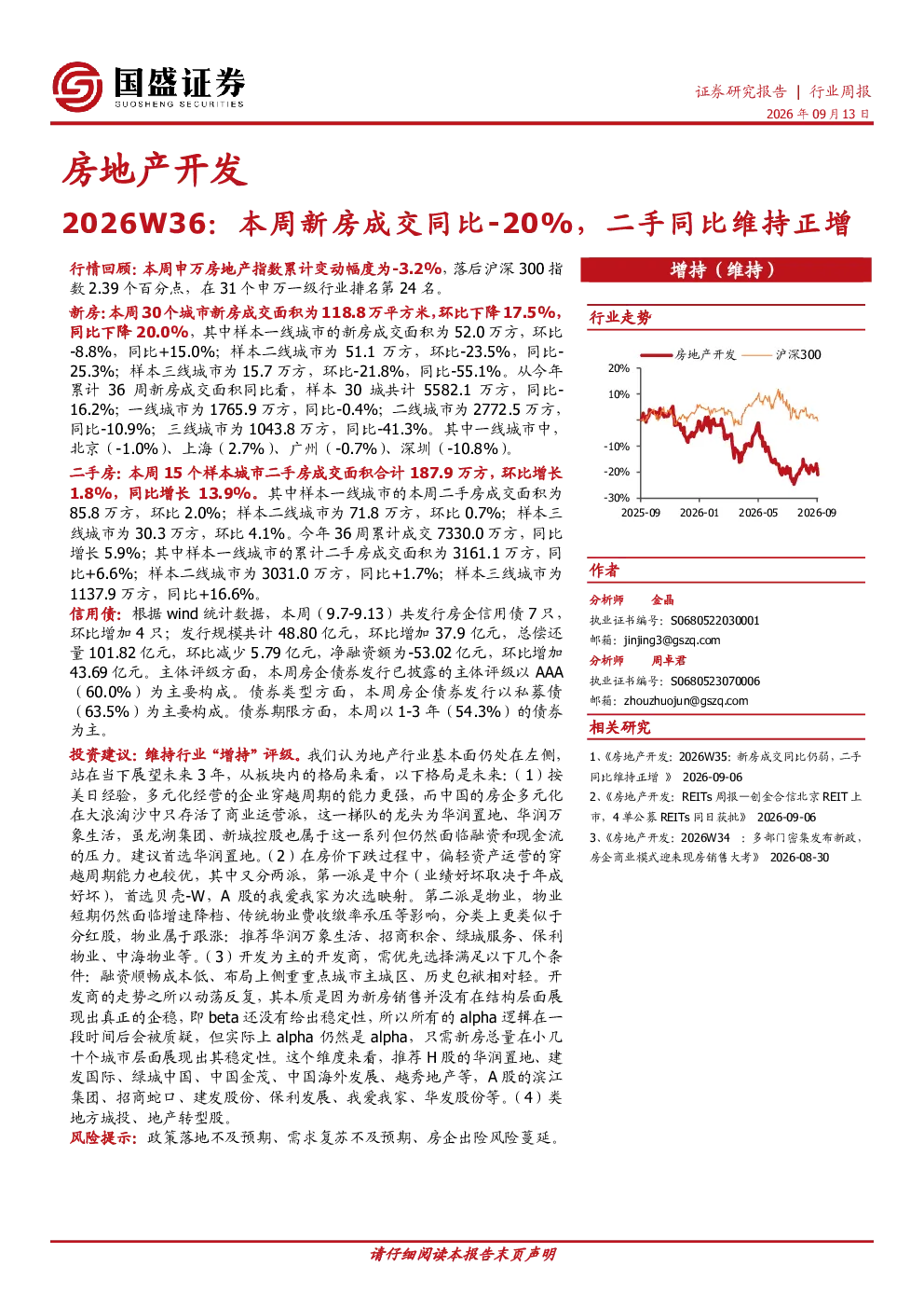2026W36：本周新房成交同比-20%，二手同比维持正增