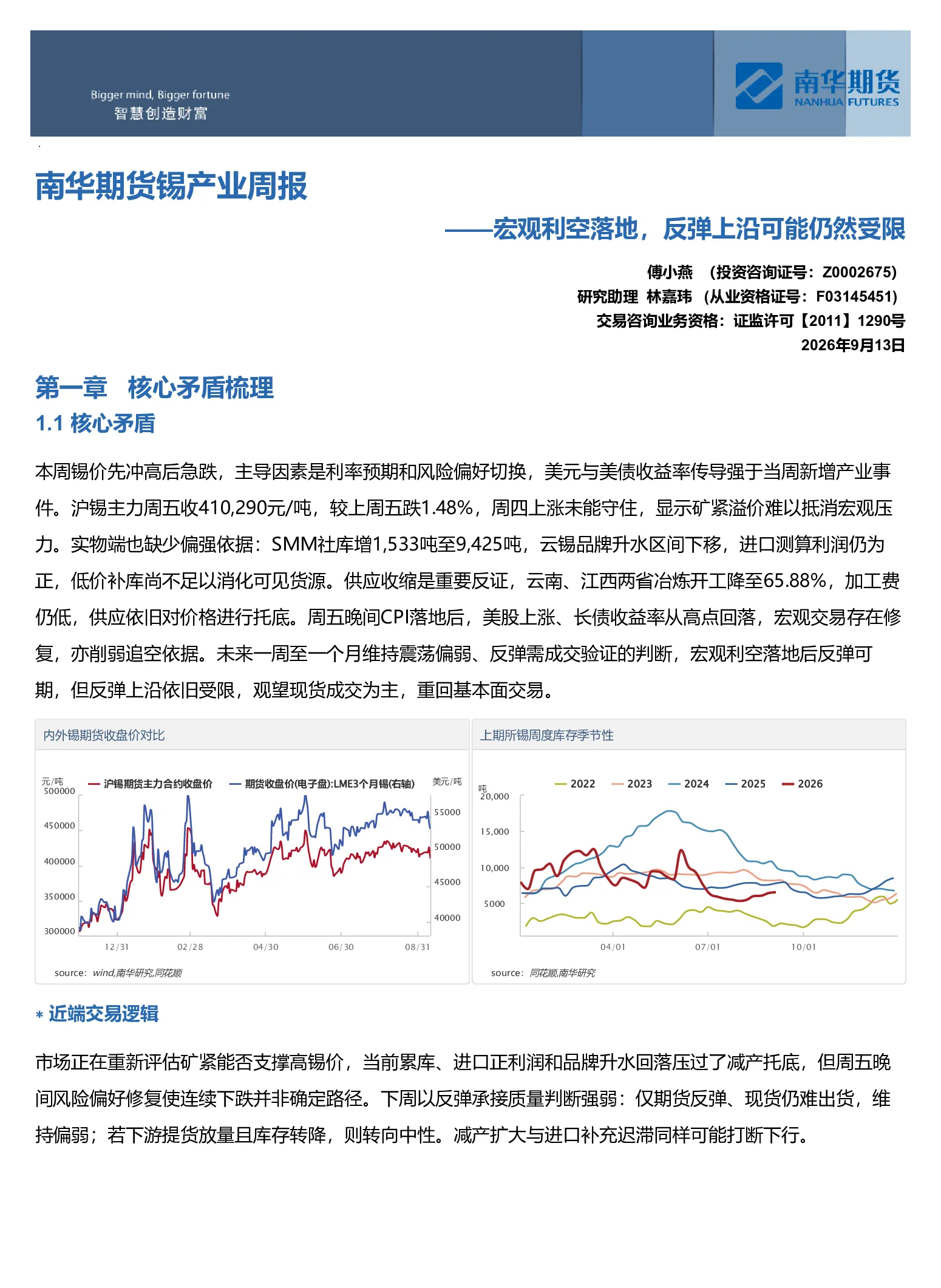 南华期货锡产业周报：宏观利空落地 反弹上沿可能仍然受限