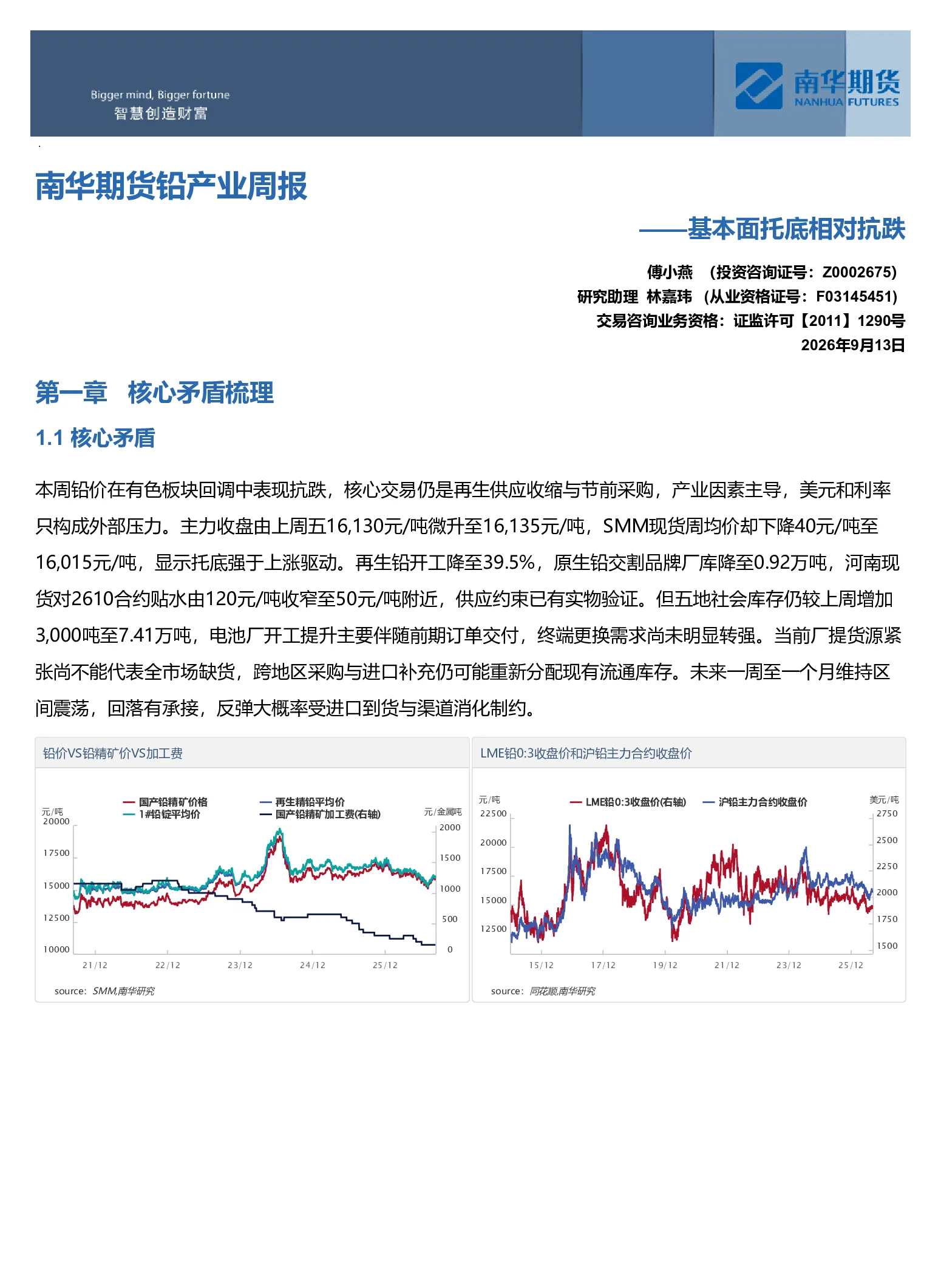 南华期货铅产业周报：基本面托底相对抗跌20260913