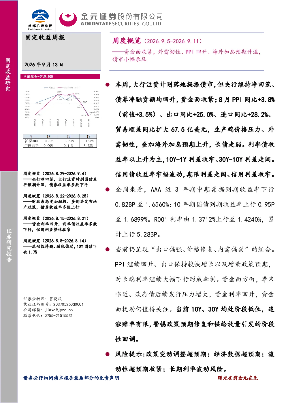 周度概览（2026.9.5-2026.9.11）——资金面收紧，外需韧性、PPI回升、海外加息预期升温，债市小幅承压