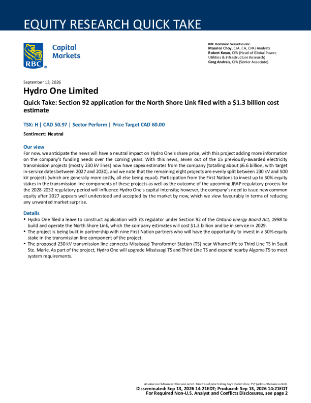 RBC Dominion Securities快速点评：Hydro One Limited提交North Shore Link第92条申请，成本估算13亿加元