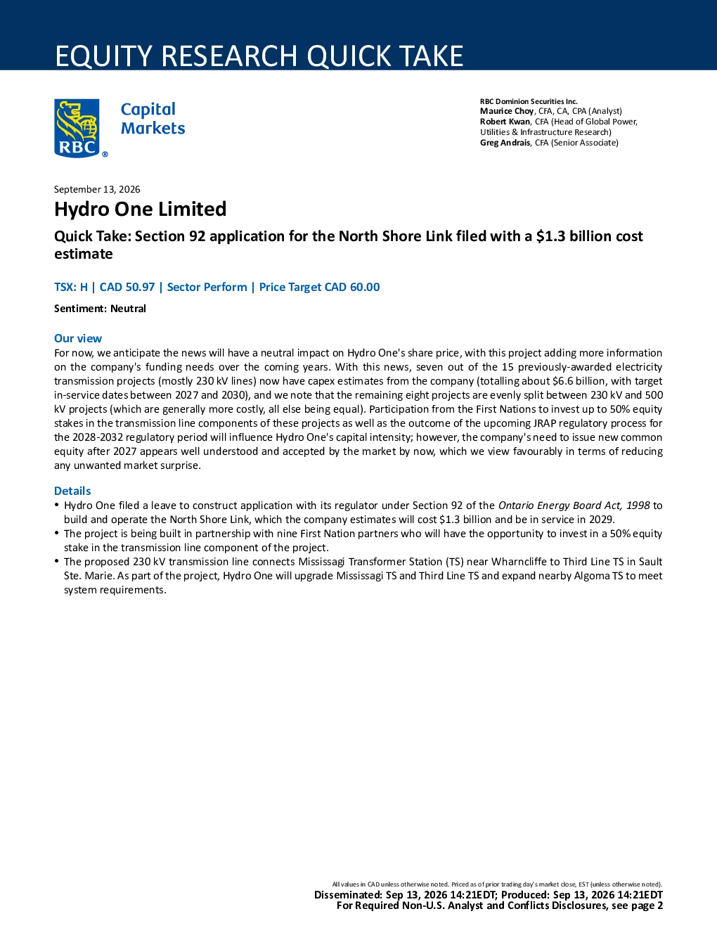RBC Dominion Securities快速点评：Hydro One Limited提交North Shore Link第92条申请，成本估算13亿加元