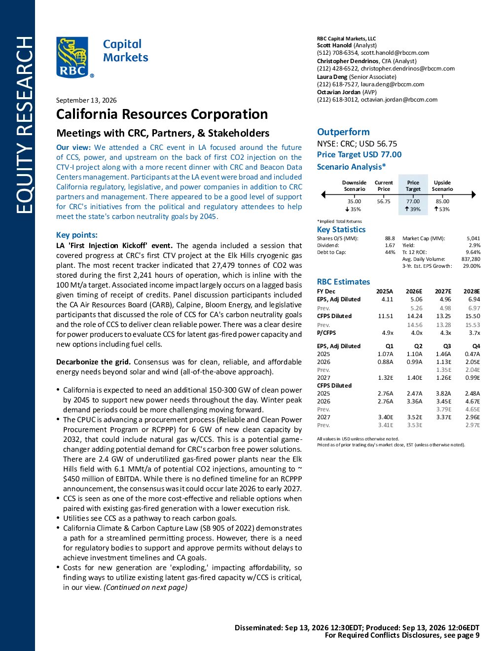 California Resources Corporation：与公司、合作伙伴及利益相关方会谈要点