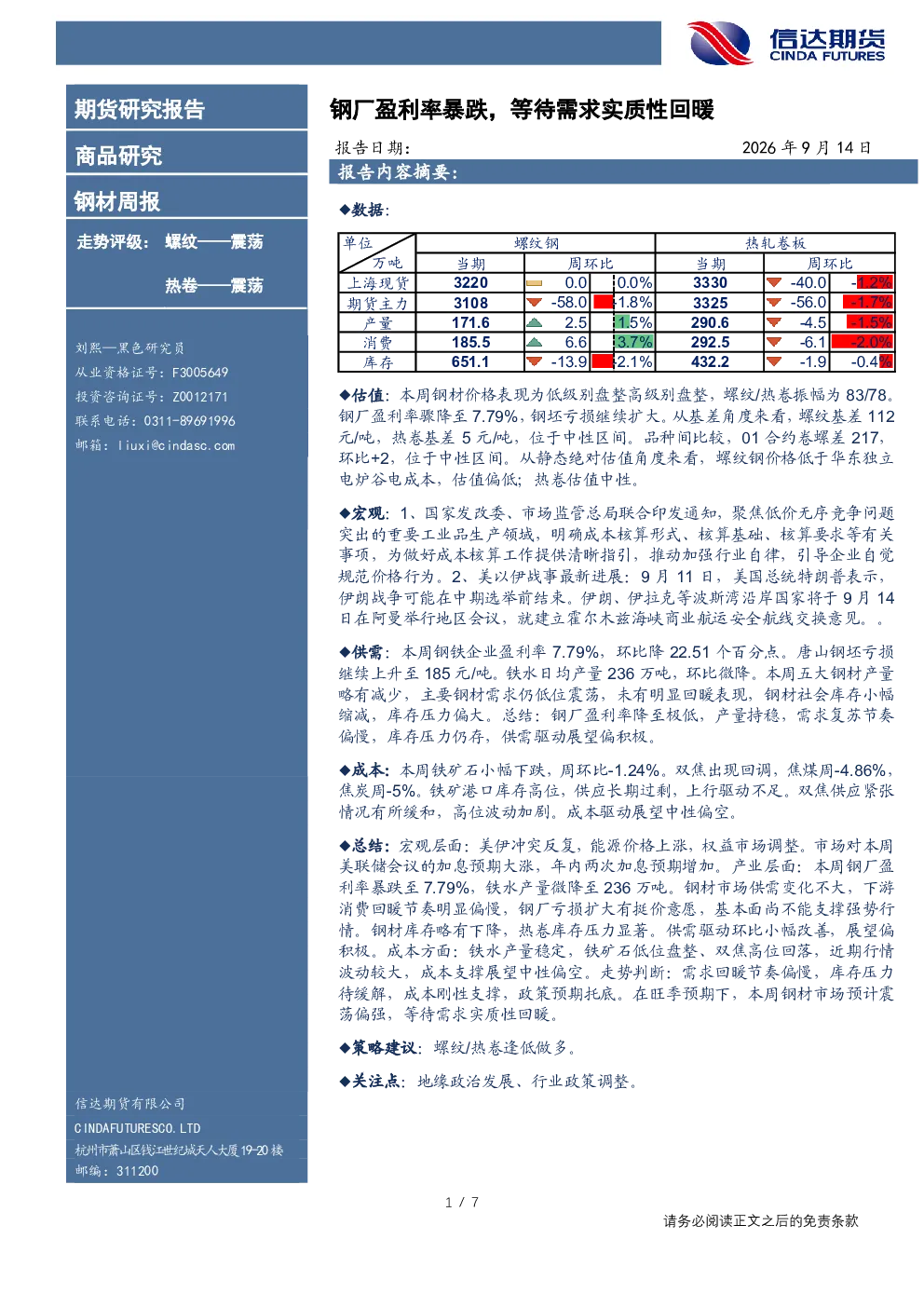 钢材周报：钢厂盈利率暴跌，等待需求实质性回暖