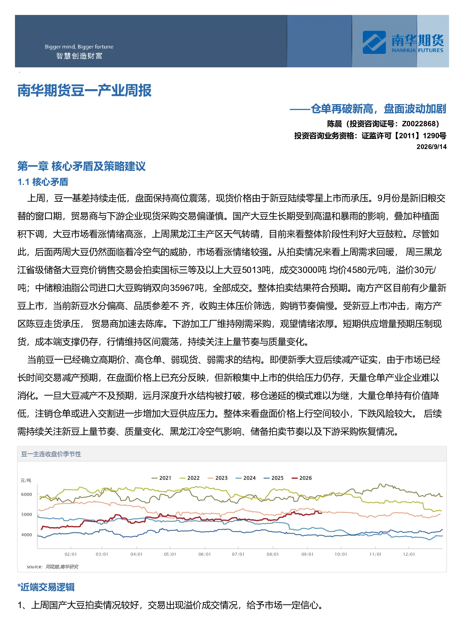 南华期货豆一产业周报：仓单再破新高，盘面波动加剧20260914