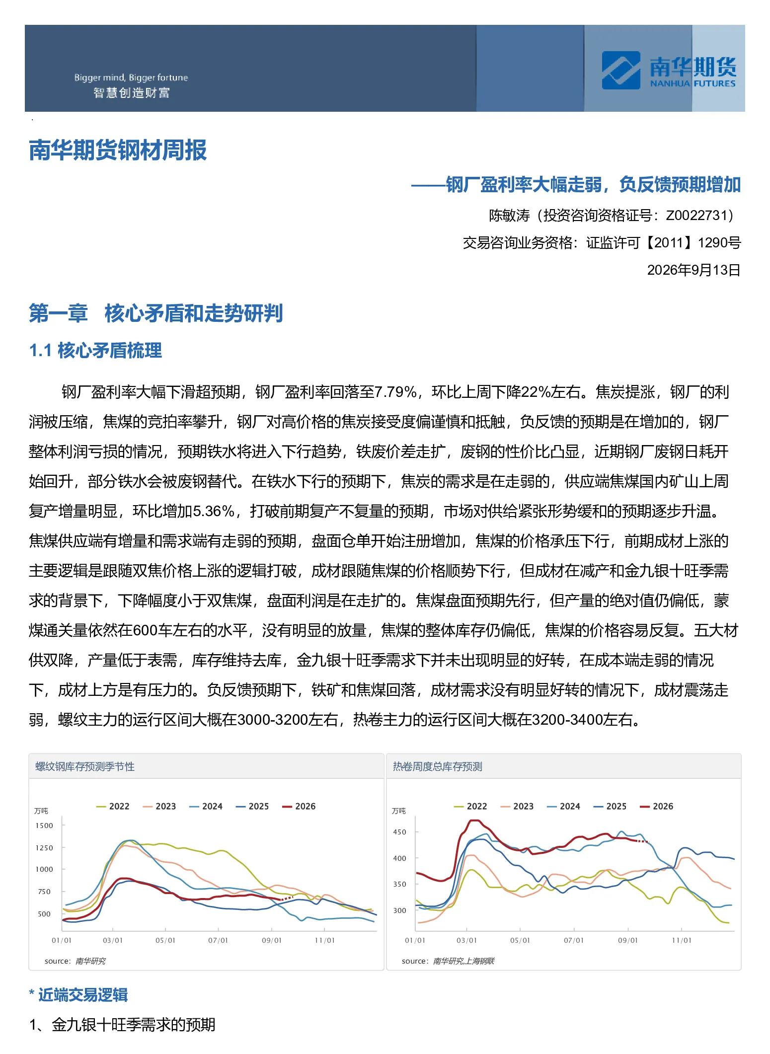 南华期货钢材产业周报：钢厂盈利率大幅走弱 负反馈预期增加