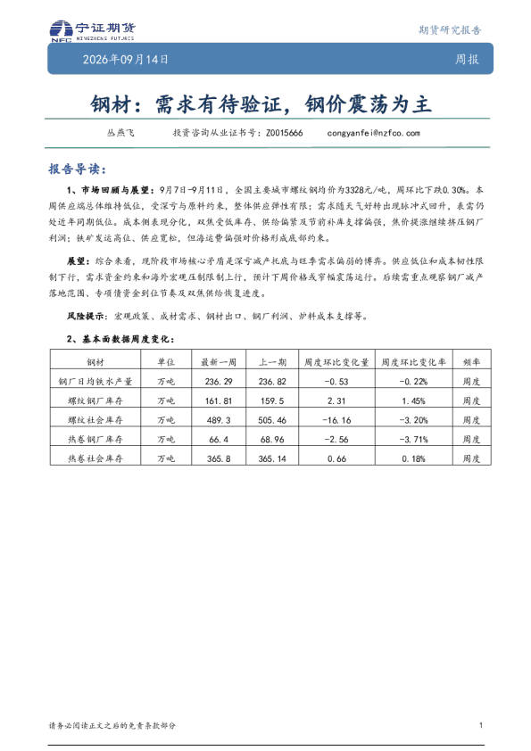 钢材：需求有待验证，钢价震荡为主