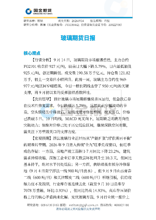 玻璃期货日报