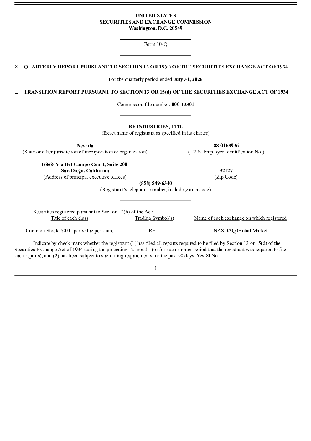 RF Industries Ltd 2026年季度报告