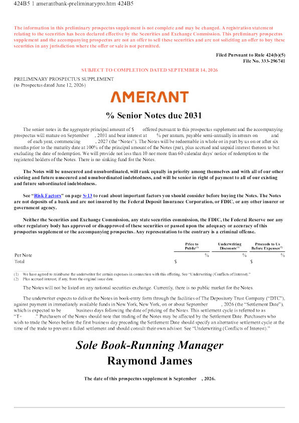 Amerant Bancorp Inc-A美股招股说明书(2026-09-14版)