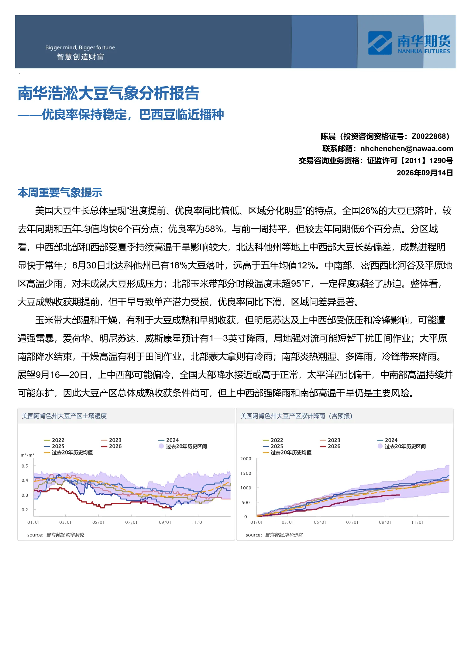 南华浩淞大豆气象分析报告：优良率保持稳定 巴西豆临近播种
