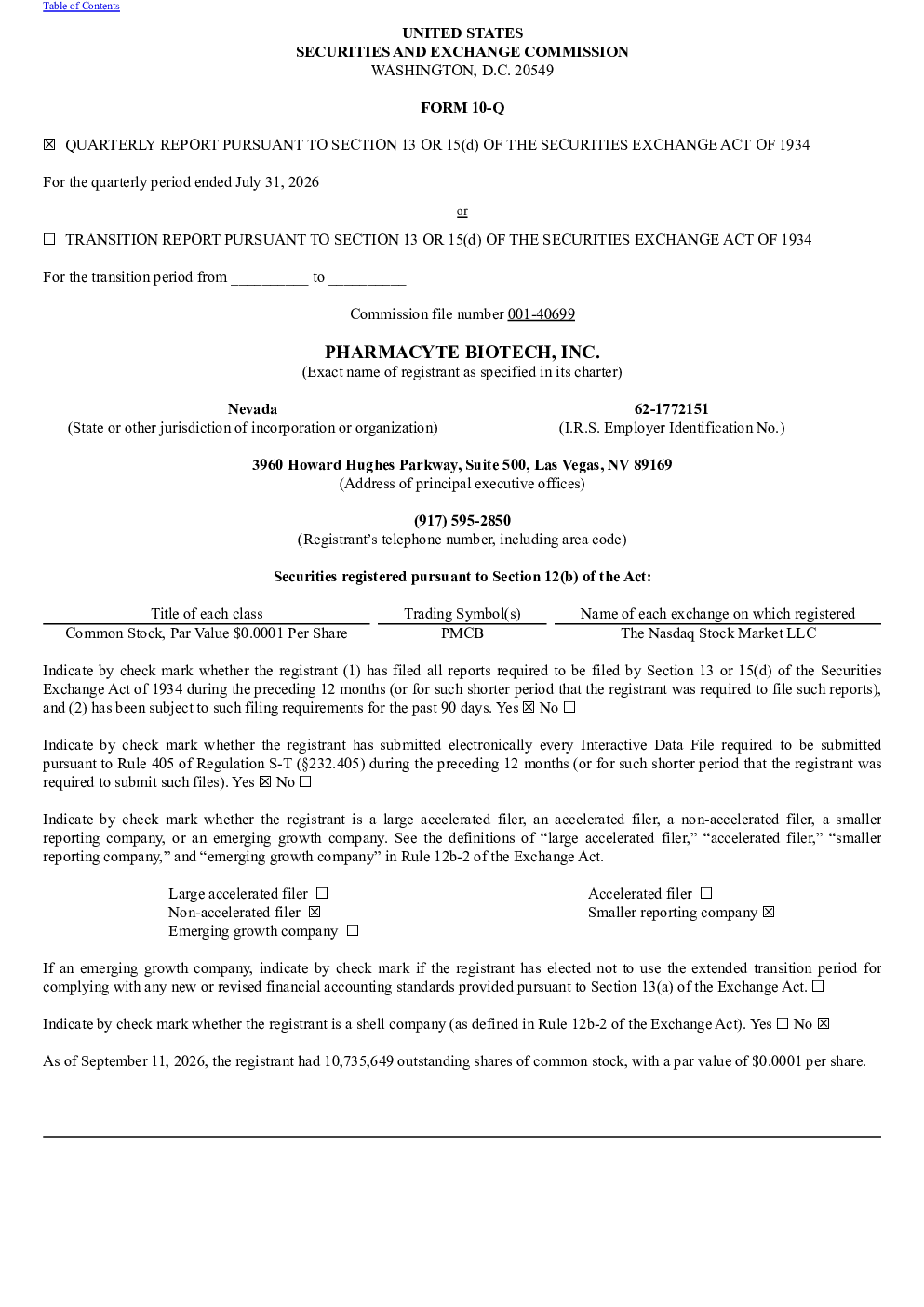 
PharmaCyte Biotech Inc 2026年季度报告
