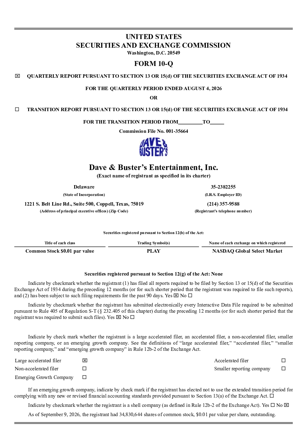 
Dave & Buster's Entertainment Inc 2026年季度报告