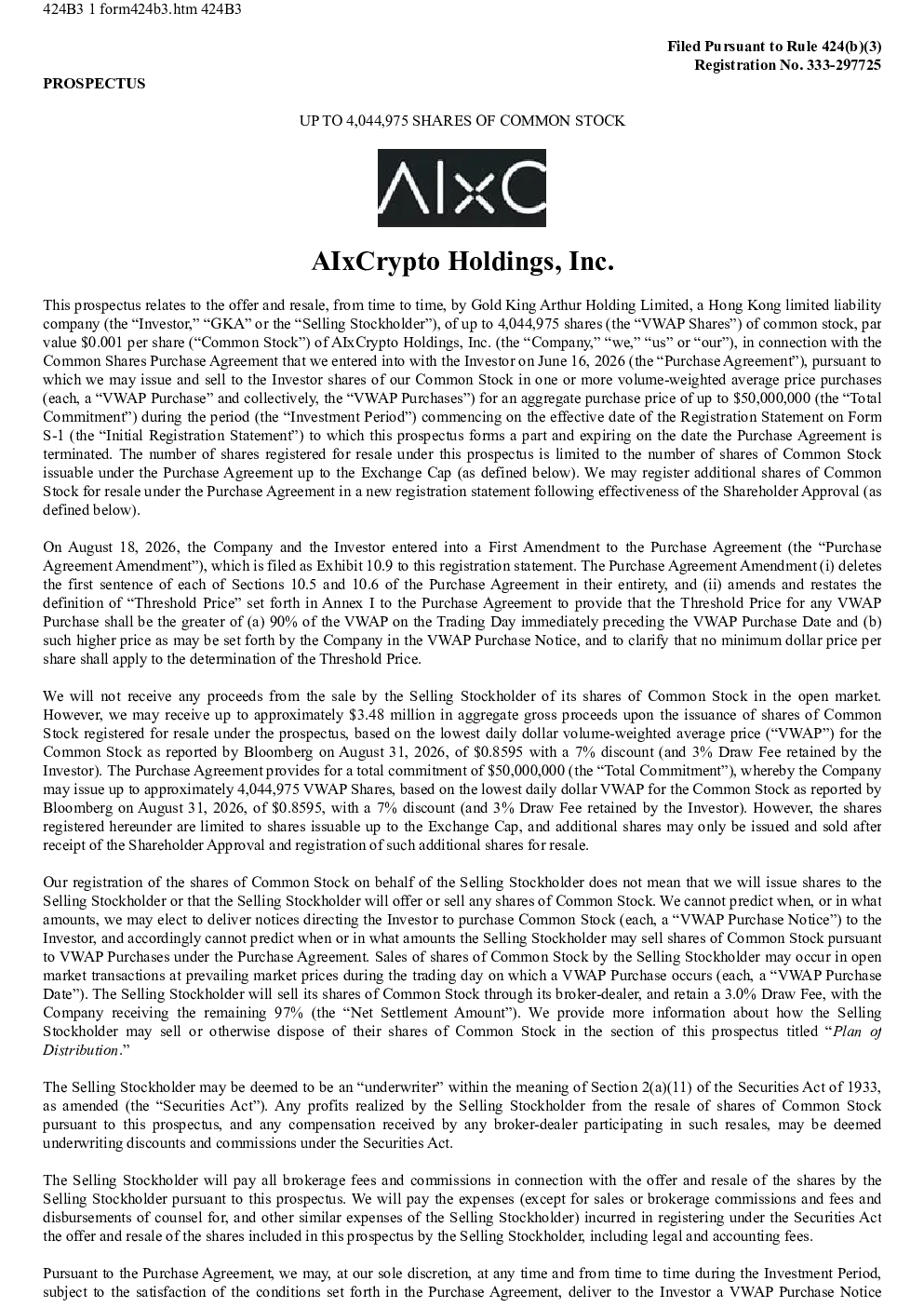 AIxCrypto Holdings Inc美股招股说明书(2026-09-14版)