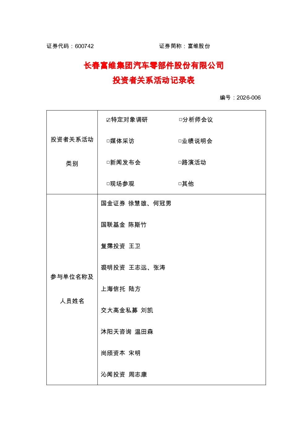 600742 富维股份 投资者关系活动记录表-2026006