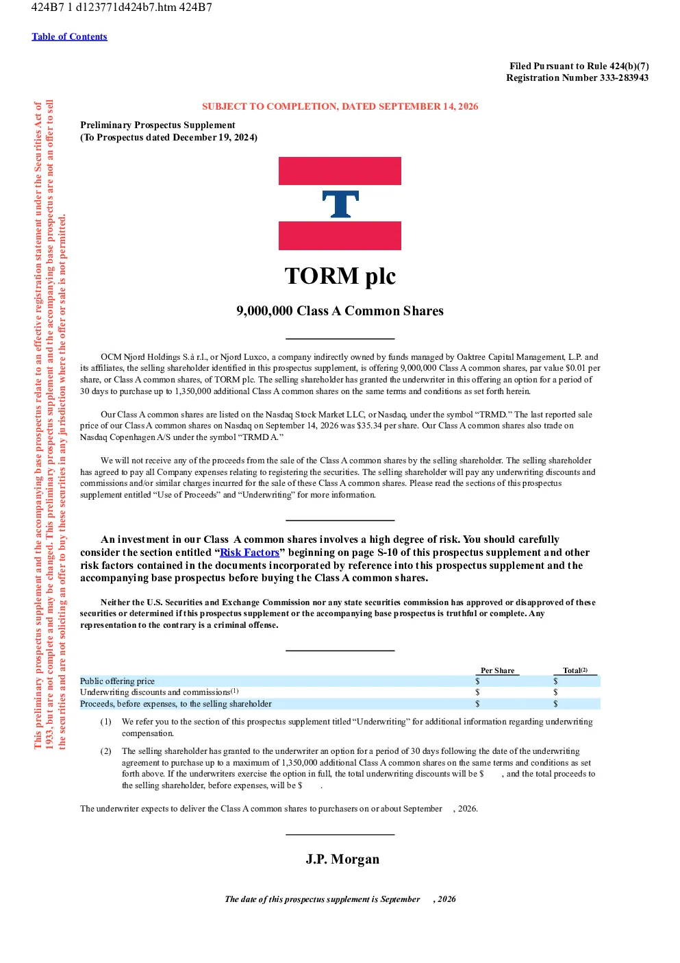 TORM plc-A美股招股说明书(2026-09-15版)