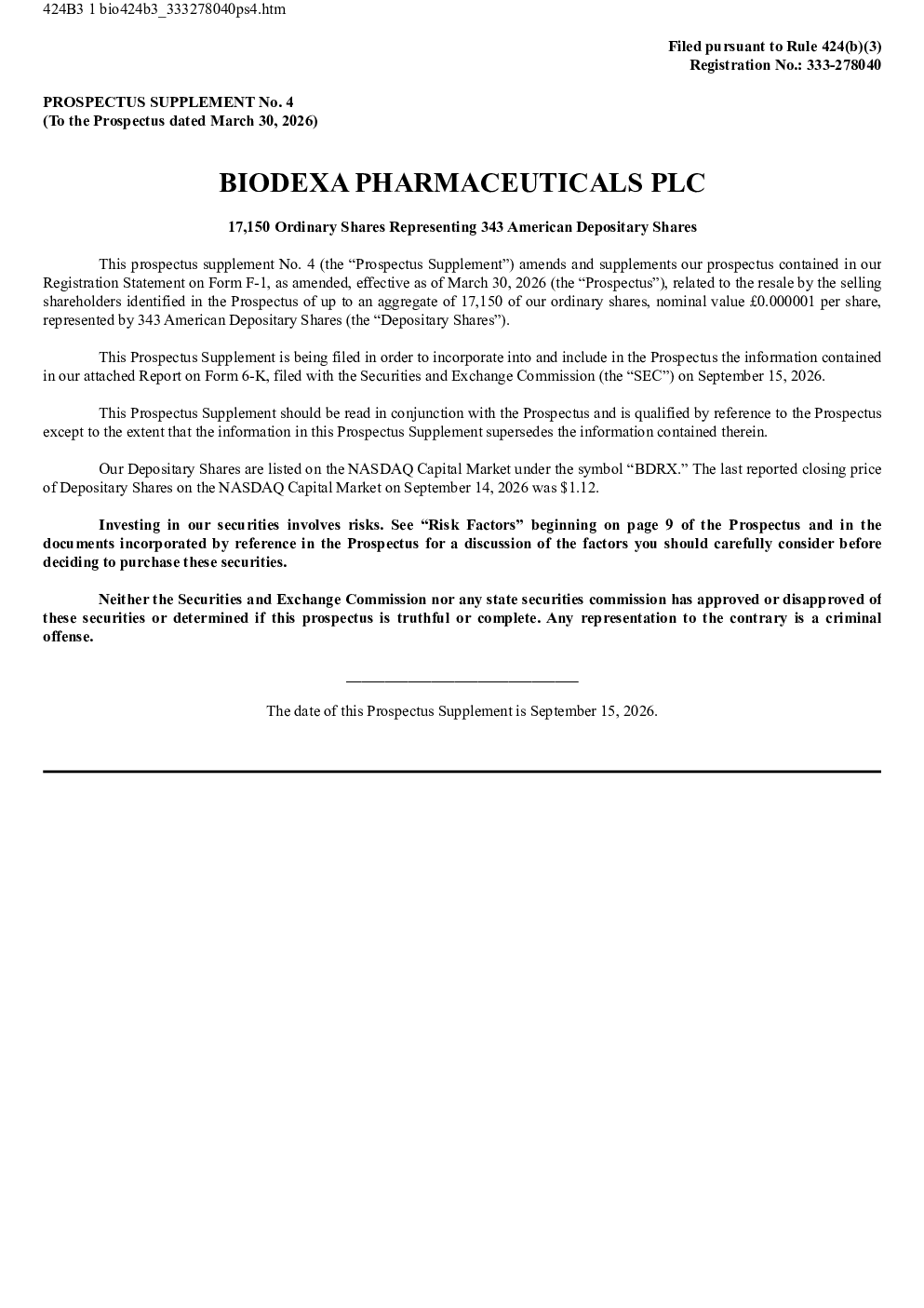 Biodexa Pharmaceuticals PLC 美股存托凭证招股说明书（2026年9月15日版）