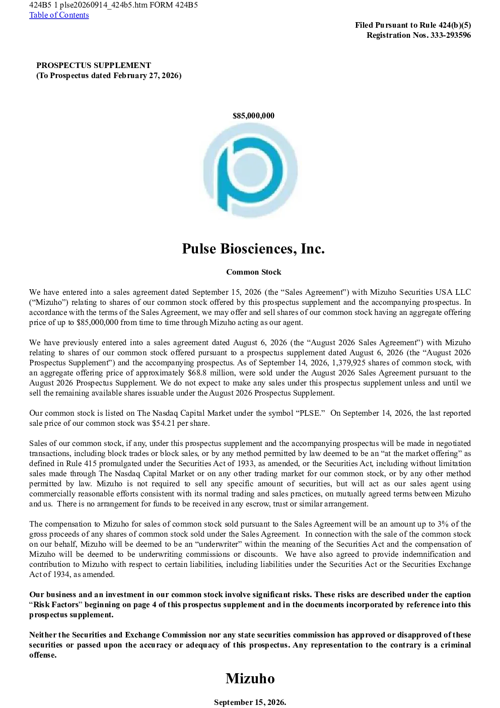 Pulse Biosciences Inc美股招股说明书(2026-09-15版)