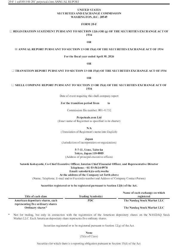 Perpetuals.com Ltd ADR 2026年年度报告和过渡报告