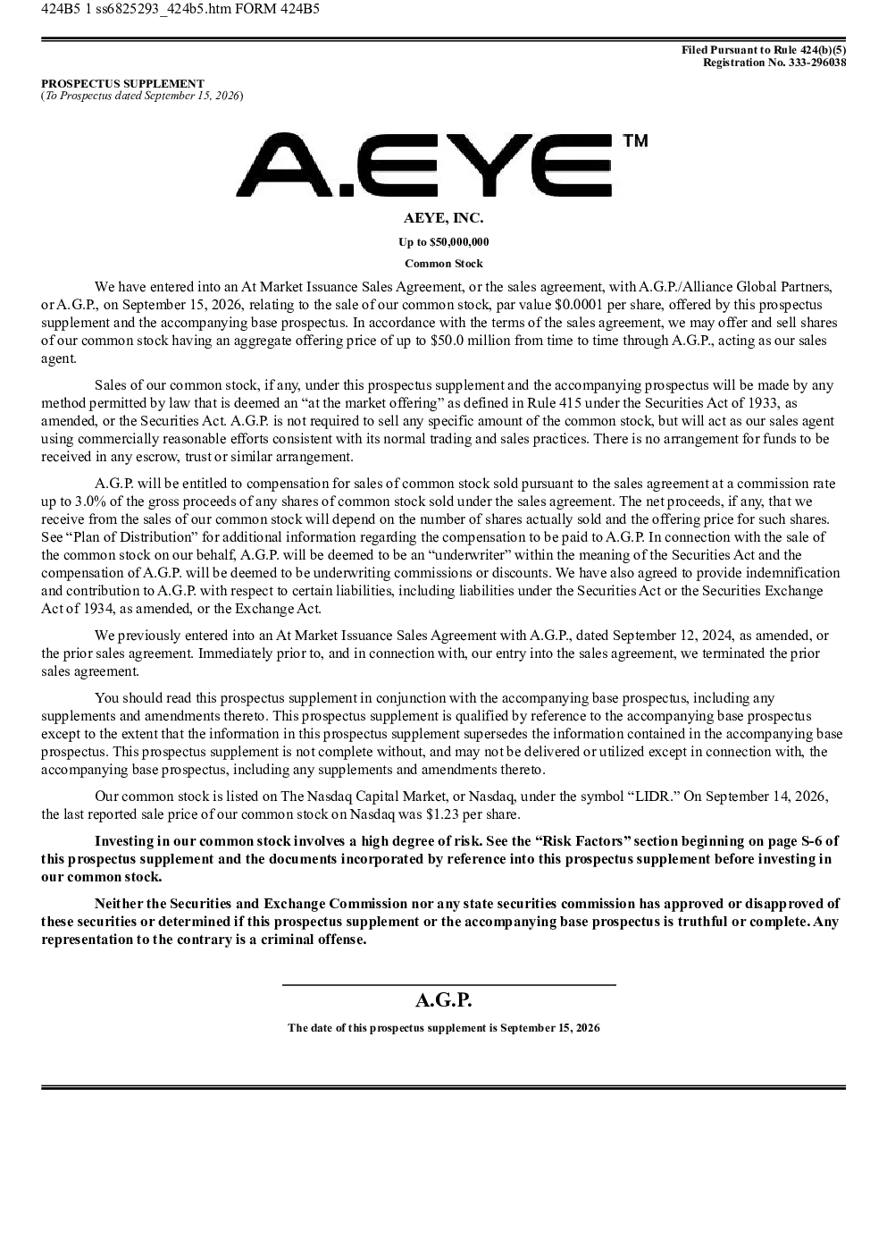 AEye Inc-A美股招股说明书(2026-09-15版)