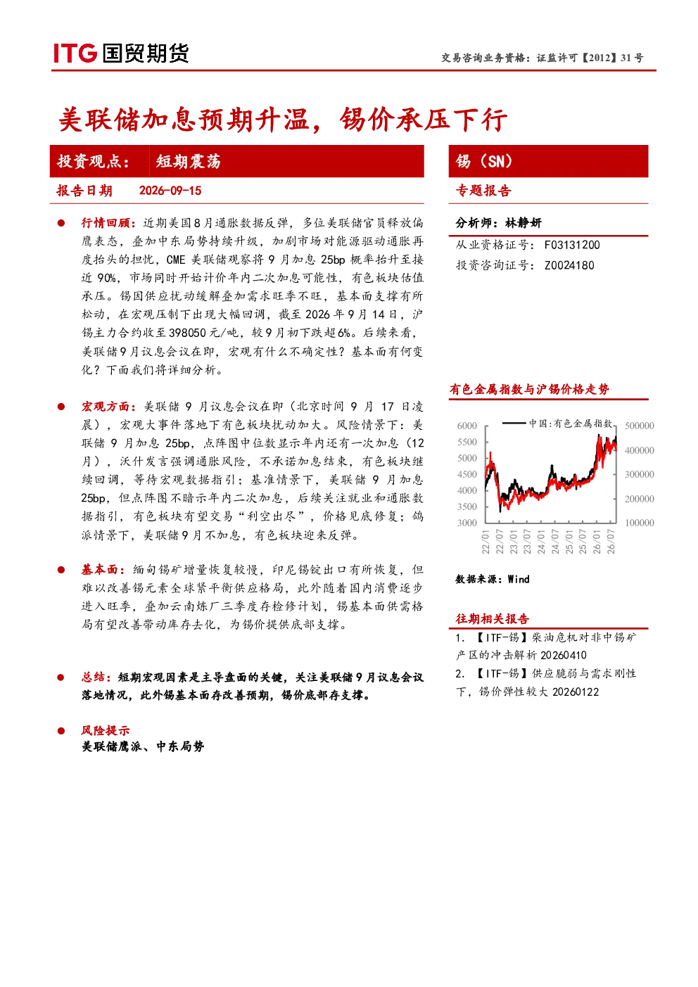 锡（SN）专题报告：美联储加息预期升温，锡价承压下行